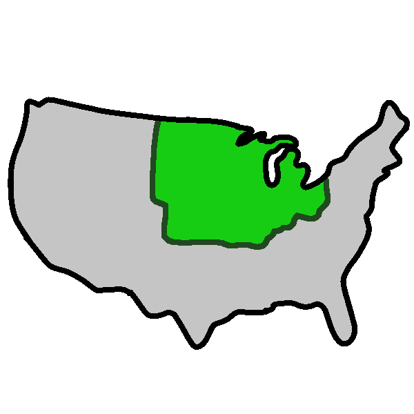 A gray map of the United States, with the midwest region highlighted in green.
